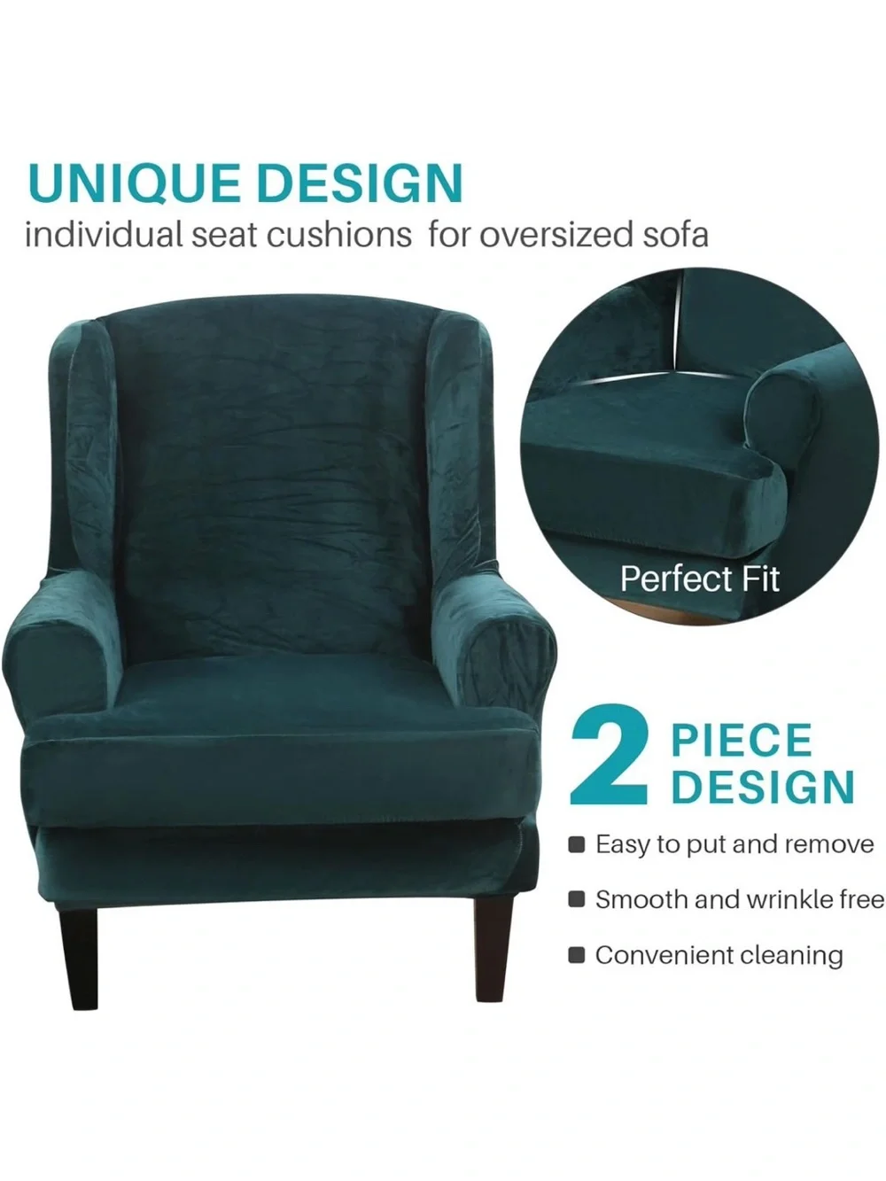 Pair deep teal wing chair velvet covers (2)